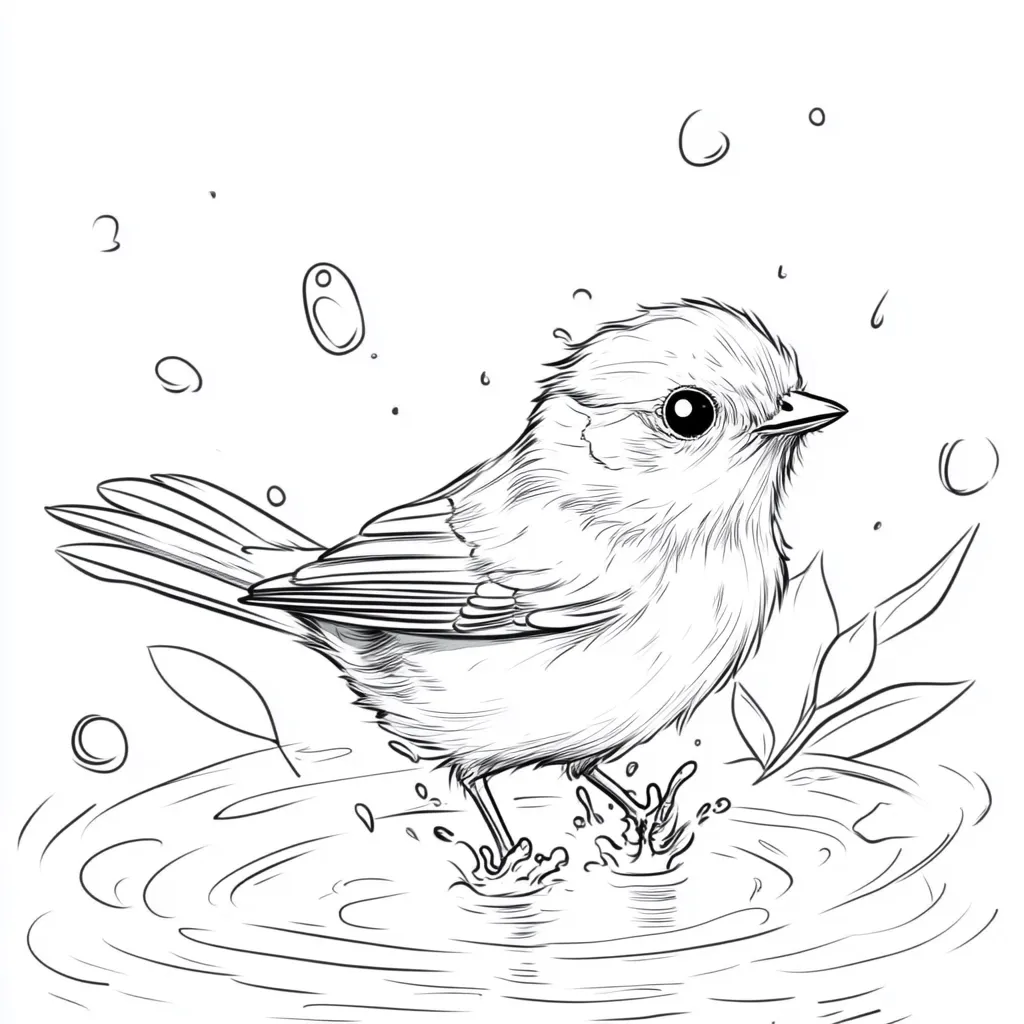 A detailed line drawing depicts a small bird, possibly a chickadee, wading in a shallow pool of water.  Water droplets surround the bird, suggesting a refreshing bath.  The bird's fine feathers are meticulously rendered, and its large, expressive eyes are prominent.  Simple leaf shapes frame the scene, adding a touch of nature. The overall style is delicate and reminiscent of a nature illustration or coloring book page.