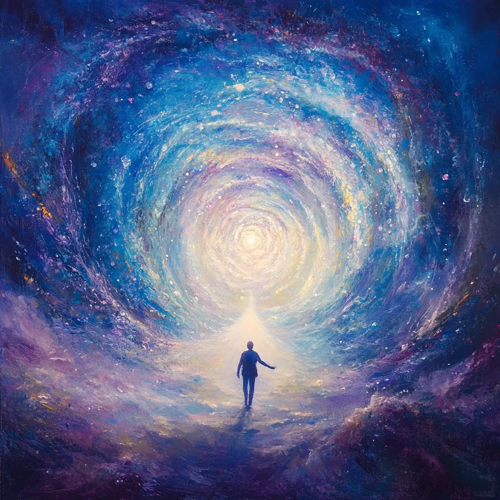 A solitary figure walks towards a luminous, swirling vortex of cosmic energy.  The vibrant painting depicts a journey into the unknown, a path leading to a bright, celestial center.  Blues, purples, and whites blend to create a sense of awe and wonder, representing a spiritual or existential passage. The artwork evokes feelings of hope, mystery, and the vastness of the universe.