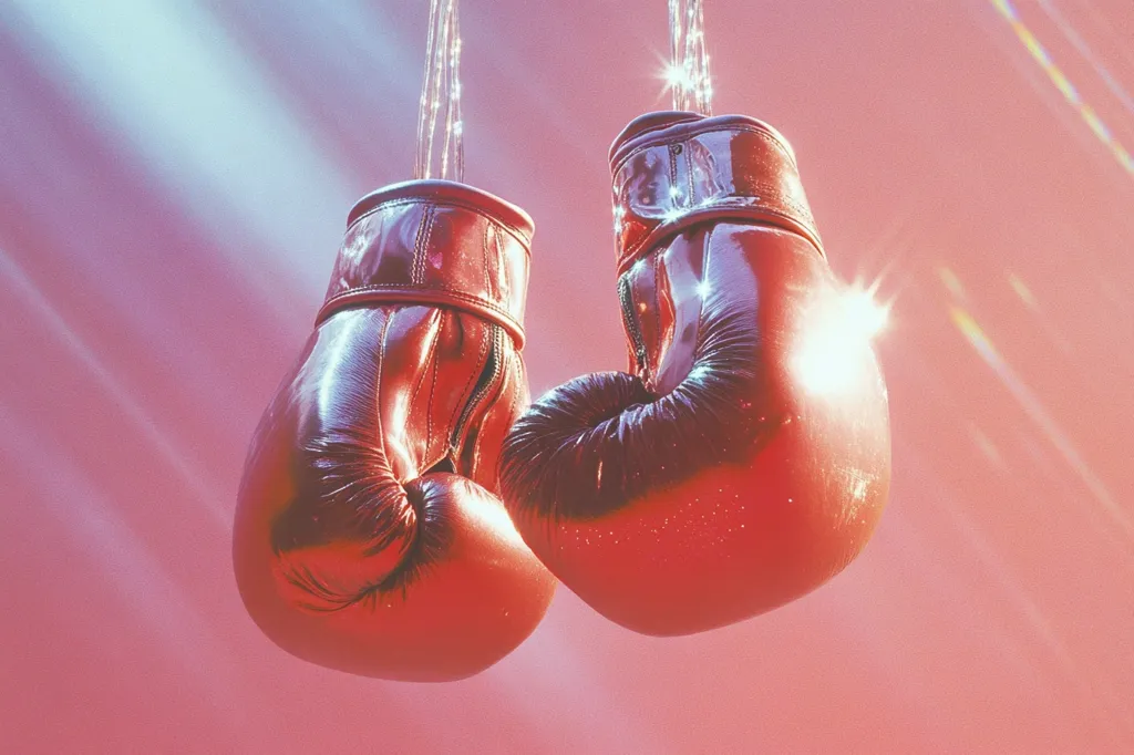 A pair of red boxing gloves hang against a soft pink background.  The gloves are shiny and appear to be made of leather.  They are suspended from strings, suggesting a preparation for a fight or a symbolic representation of competition.  The lighting creates a slightly ethereal, almost dreamy atmosphere.