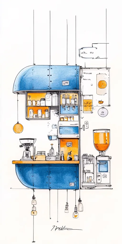 A watercolor sketch depicts a whimsical coffee shop design.  A curved, blue counter dominates the image, equipped with a grinder, espresso machine, and various storage.  Shelves hold ingredients and supplies.  Pendant lights hang below, adding to the charming, almost steampunk aesthetic.  Technical drawings and annotations are subtly included, suggesting a detailed design process.  The overall style is light and airy, with a focus on visual appeal.