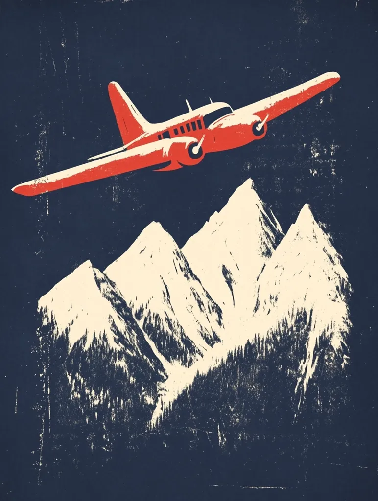 A vintage-style illustration depicts a vibrant red airplane soaring above a snow-capped mountain range. The airplane, rendered in a retro design, is the focal point, its red color contrasting with the dark blue background and the off-white snow. The mountains are detailed with dark evergreen trees at their base, suggesting a rugged, high-altitude landscape. The overall style evokes a sense of adventure and exploration.