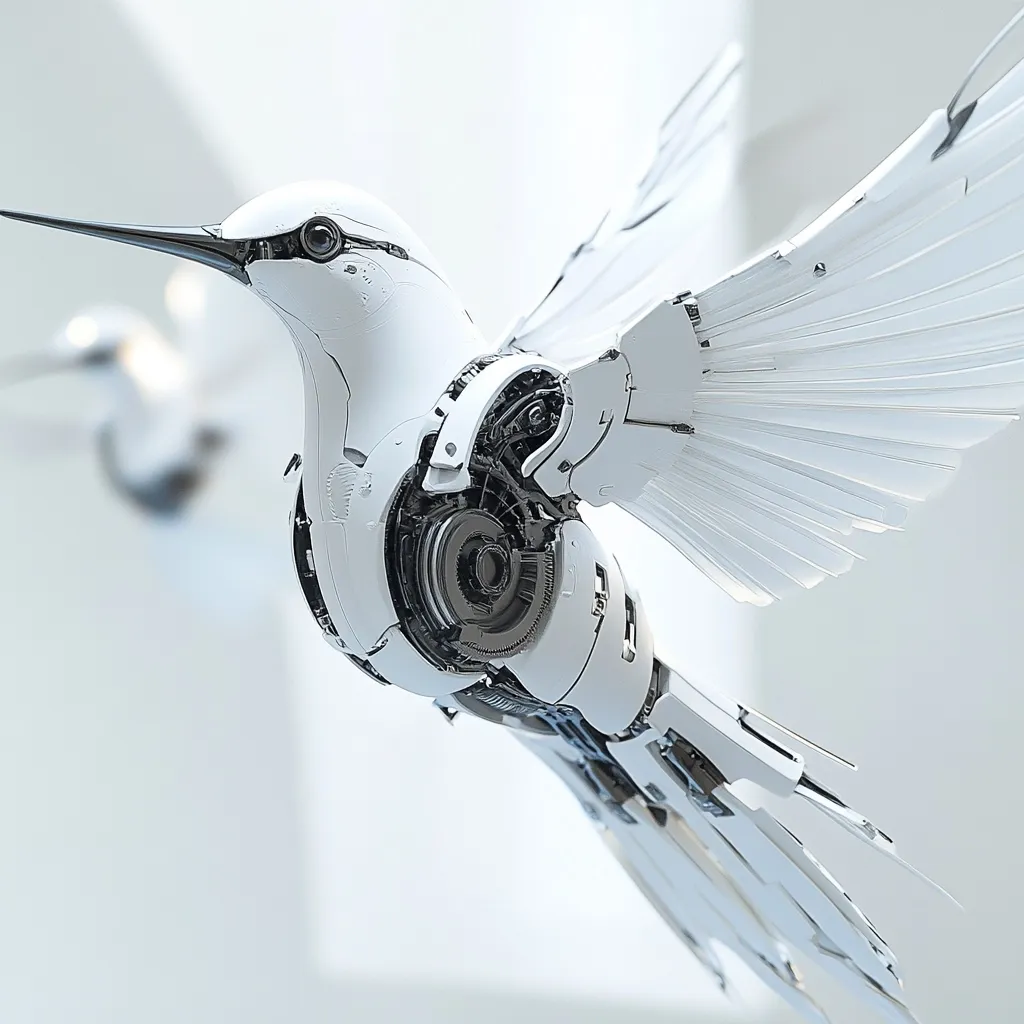 A stunning image of a robotic hummingbird in flight.  Its sleek, white body is intricately detailed, revealing exposed gears and mechanical components. The wings are elegantly designed and spread wide, showcasing the bird's bio-mechanical artistry.  The background is a soft, blurred white, emphasizing the robot's sharp details. Another robotic hummingbird is subtly visible in the background.