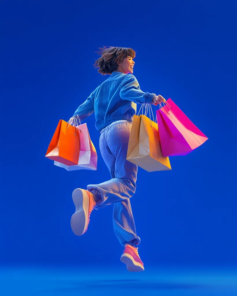 A joyful young woman with short brown hair leaps through the air, carrying multiple colorful shopping bags.  She's wearing a denim jacket and light blue pants, and pink sneakers. The vibrant blue background enhances the energetic feeling of the image, suggesting excitement and success after a shopping spree.