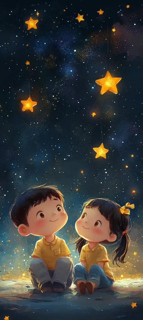 Two adorable cartoon children, a boy and a girl, sit together gazing upward at a night sky filled with twinkling stars.  The stars appear to hang from strings, adding a whimsical touch. The children are dressed in casual, yellow shirts and jeans. The overall scene is heartwarming and evokes a sense of wonder and childhood innocence.
