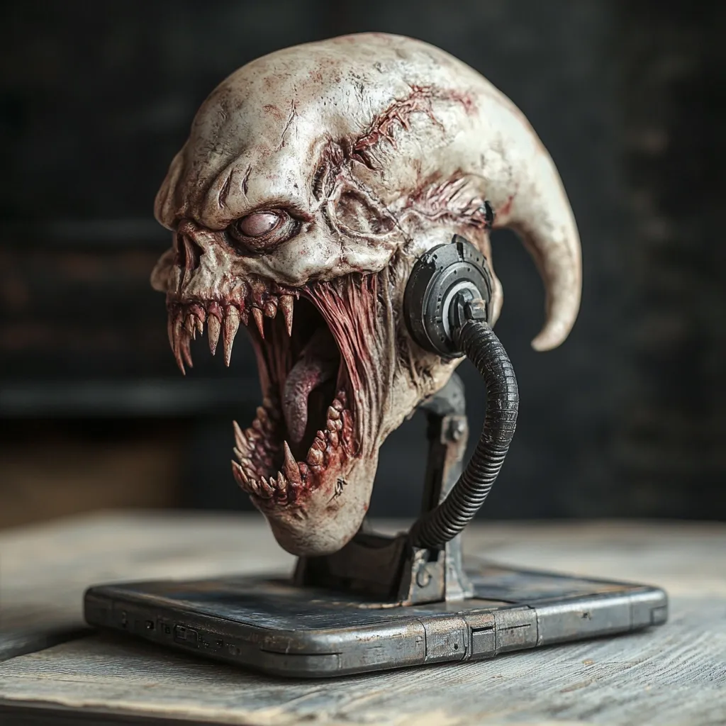 A detailed close-up reveals a meticulously crafted sculpture of a monstrous creature.  Its pallid skin, bared fangs, and gaping maw exude a terrifying presence.  The creature's head is mounted on a dystopian-looking stand featuring a ribbed tube, adding a futuristic, yet disturbing, element to the piece. The overall effect is one of unsettling artistry.