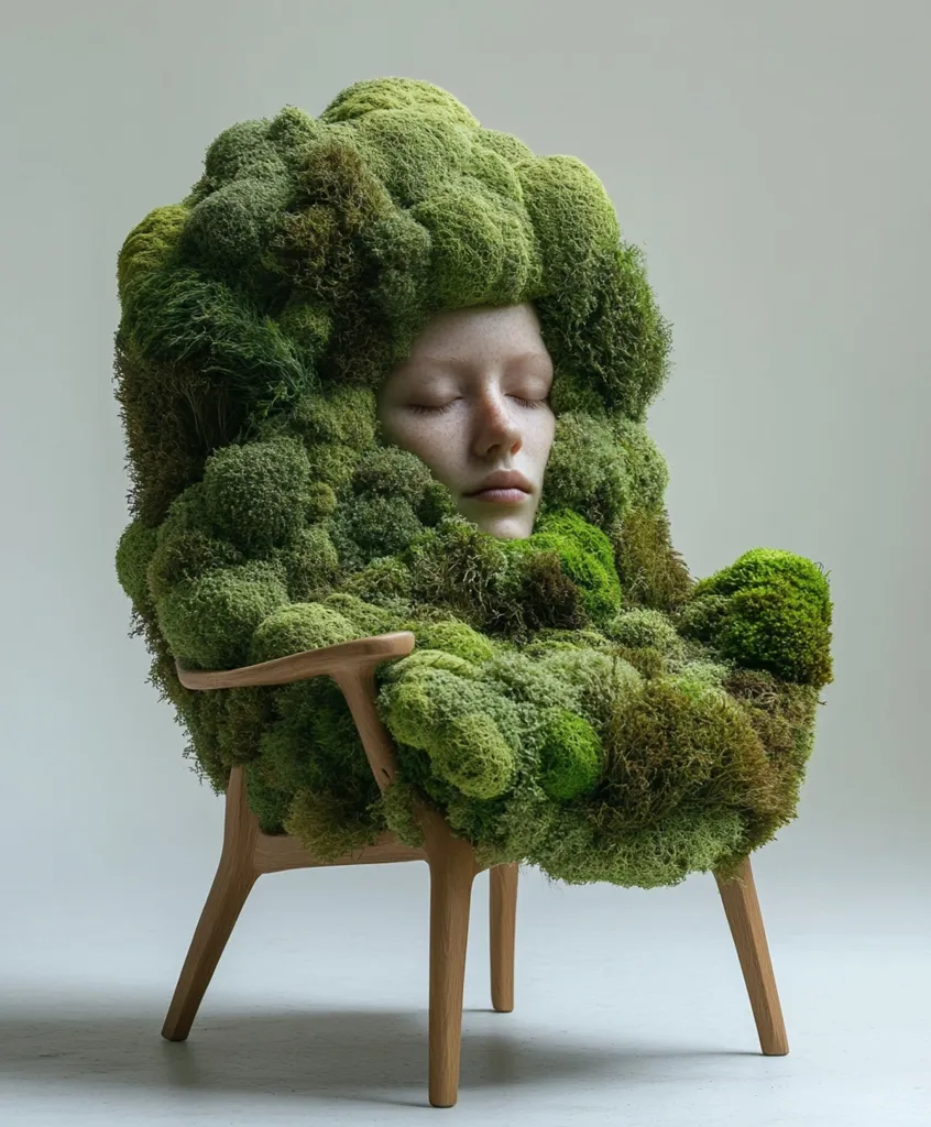 A wooden armchair is completely covered in vibrant green moss, forming a unique and organic sculpture.  A person's face, seemingly serene and asleep, is subtly visible within the moss, creating a surreal and intriguing juxtaposition of nature and human form. The overall effect is one of peaceful integration between the natural world and human creation.