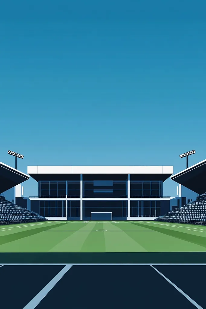 A minimalist illustration of a soccer stadium under a clear blue sky.  The stadium features a modern, rectangular design with large glass windows and partially filled stands. The grassy field is centrally positioned, stretching from the foreground to the backdrop, with a goal visible in the distance. The overall aesthetic is clean and geometric.