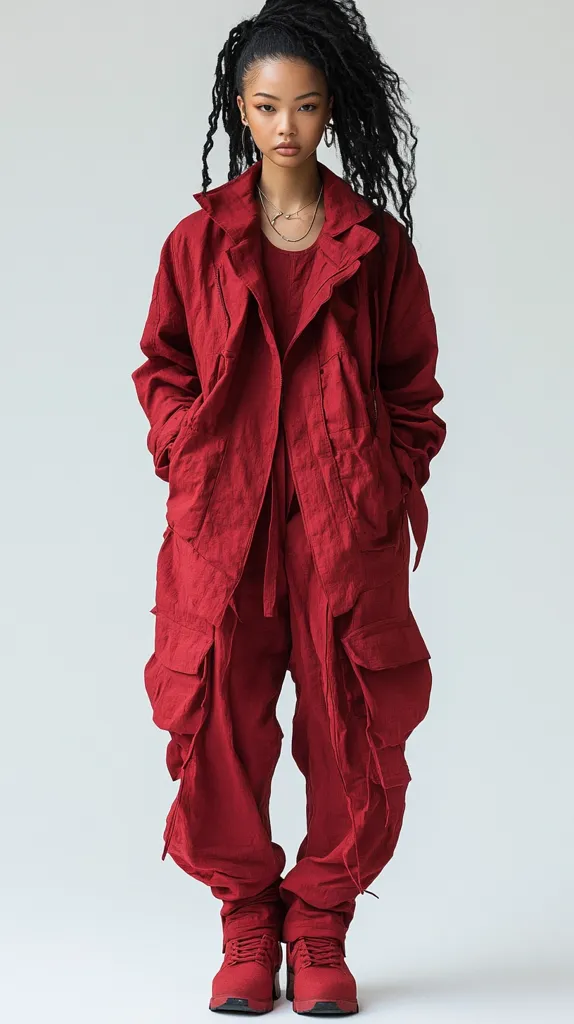 A young woman with long dark braids models a crimson, loose-fitting cargo jumpsuit. The jumpsuit features a collared, slightly oversized jacket with multiple pockets and drawstring accents.  She wears red sneakers and delicate necklaces. The overall style is relaxed yet stylish, with a monochromatic color scheme.