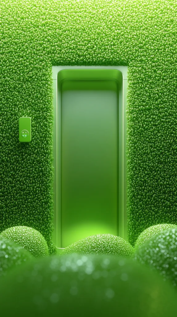 A green, recessed doorway is nestled within a wall entirely covered in a textured, vibrant green material resembling moss or small spheres.  A small, square green button is mounted on the wall to the left of the doorway. The foreground is slightly out of focus, showing more of the green textured material forming rounded mounds. The overall image is monochromatic in shades of green, creating a calming and surreal atmosphere.