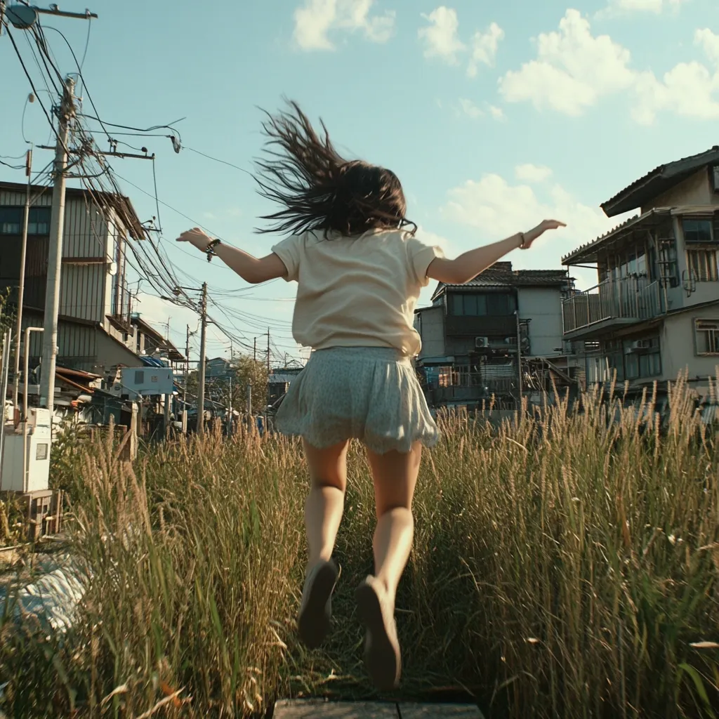 A young woman with long dark hair leaps joyfully through tall grass.  Her back is to the camera, revealing a cream-colored shirt and grey shorts.  The background shows a sun-drenched Japanese residential neighborhood with narrow streets and traditional houses under a partly cloudy sky.  The scene conveys a feeling of freedom and carefree youthful energy.