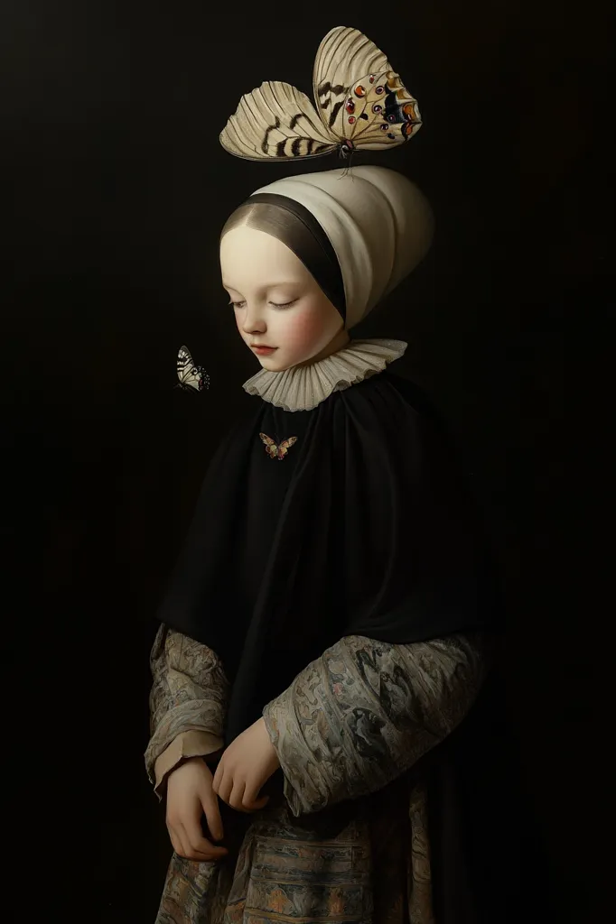 A young girl, dressed in 17th-century attire, stands against a dark background.  She wears a white bonnet and a black gown with ornate sleeves.  Two butterflies, one perched atop her head and another nearby, add a touch of whimsy to the otherwise somber portrait.  Her expression is serene and contemplative, creating a mood of quiet introspection. The painting is executed with meticulous detail, capturing the texture of fabric and the delicate features of the butterflies.