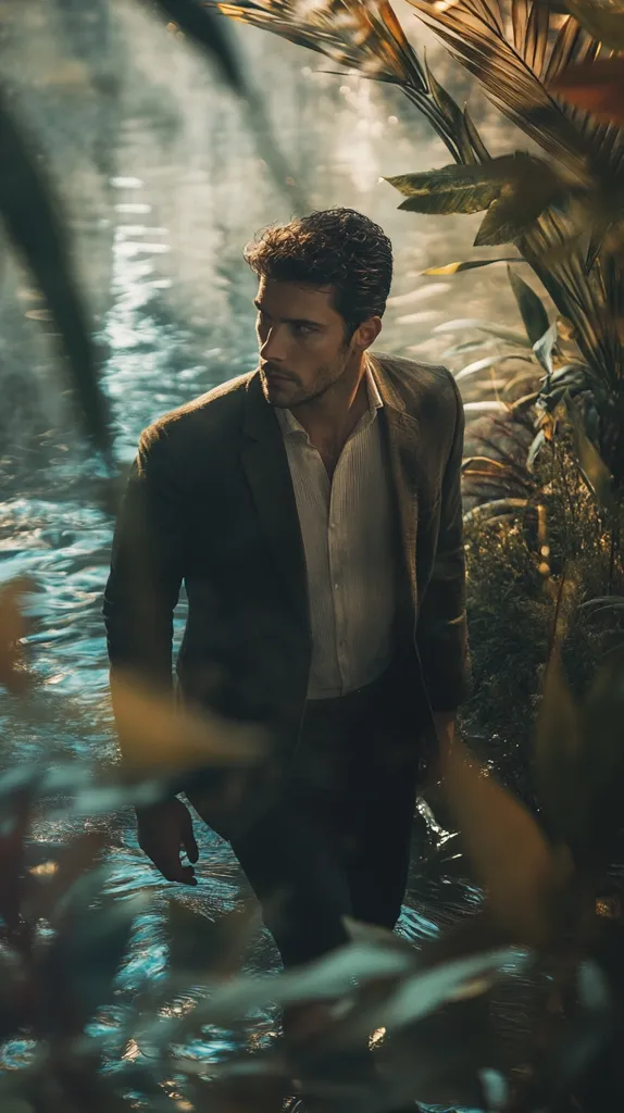 A man in a dark suit and light shirt walks through a shallow stream. Lush green plants and foliage frame him, creating a moody, almost mystical atmosphere. The water is calm, reflecting the ambient light.  The overall image conveys a sense of mystery and quiet strength. The man's expression is serious, his gaze directed away from the camera.