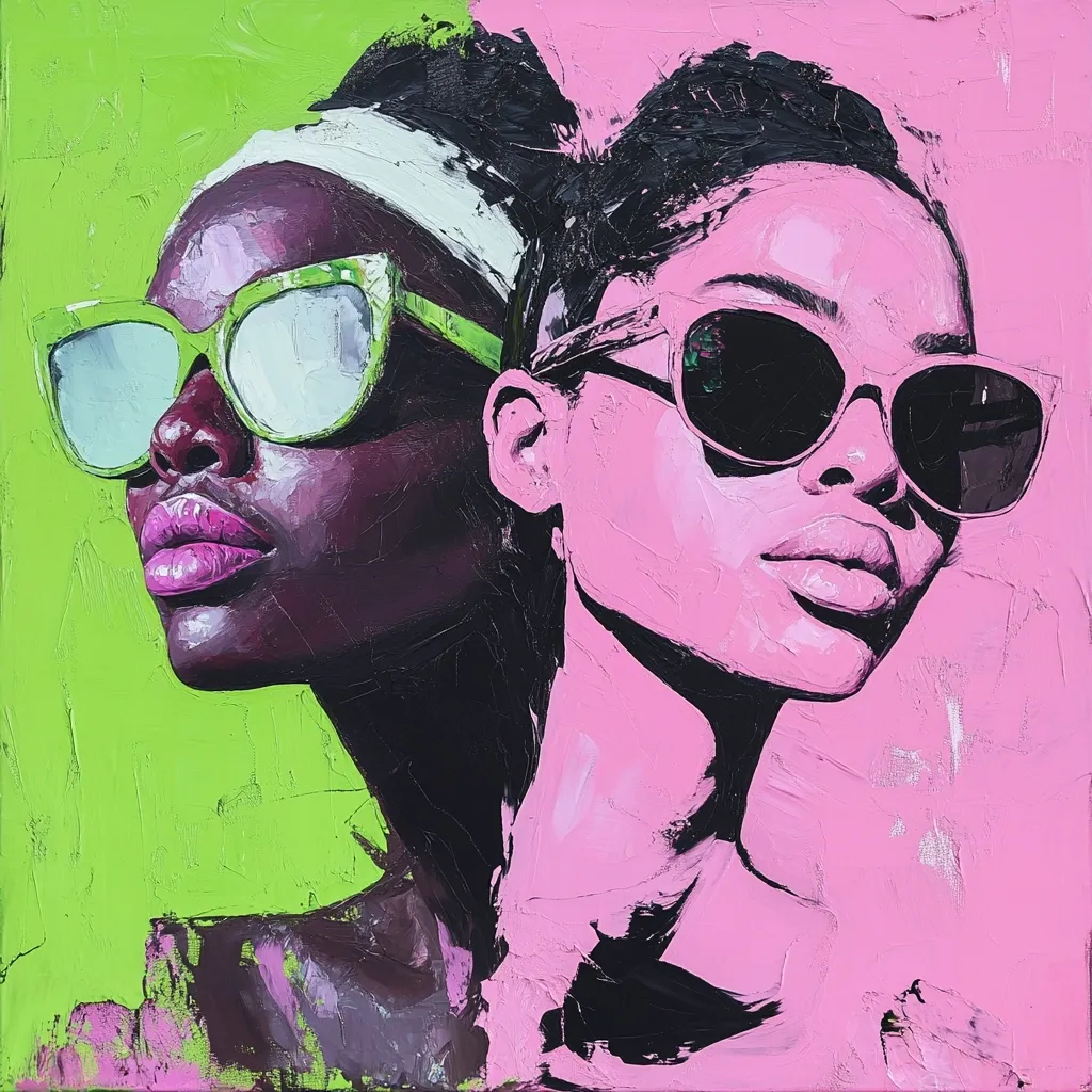 A vibrant impasto painting depicts two women's faces, juxtaposed against contrasting lime green and pink backgrounds.  One woman has dark skin and wears lime green sunglasses, while the other is rendered in pink with dark sunglasses. Their hairstyles are similar, and the bold brushstrokes create a textured, expressive style. The artwork showcases a dynamic interplay of color and form.
