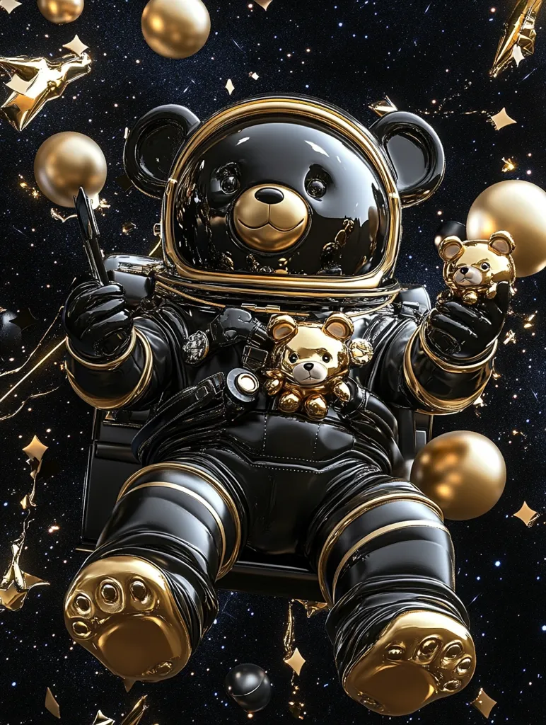 A black and gold teddy bear astronaut floats through space, surrounded by shimmering stars and golden orbs.  The bear is wearing a sleek spacesuit and holds two smaller teddy bears.  The scene is luxurious and playful, blending elements of childhood fantasy with futuristic space travel.  The overall effect is one of sophisticated whimsy.