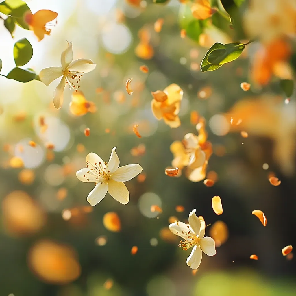 Delicate white flowers and falling petals dance in a sunlit garden.  The soft focus and bokeh effect create a dreamy, ethereal atmosphere.  Orange blossoms and leaves also float in the air, adding warmth and vibrancy to the scene.  The overall image evokes feelings of lightness, joy, and the beauty of springtime.