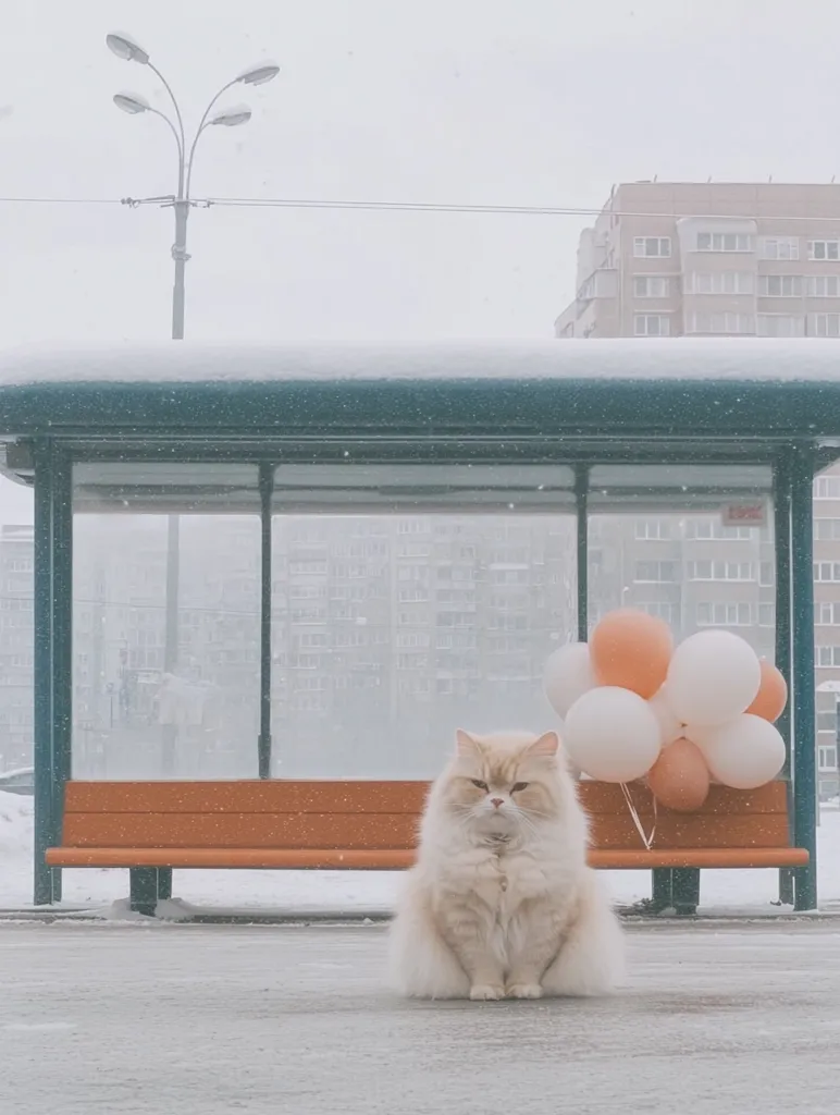 A fluffy, light beige cat sits serenely on a snow-covered bench at a bus stop.  A bunch of peach-colored balloons rests beside it.  The scene is peaceful and softly lit, with a light snowfall and muted city buildings in the background.  The overall mood is calm and slightly whimsical.