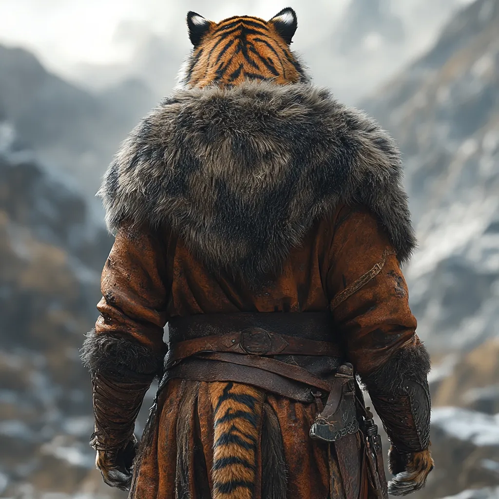 The back of a person wearing a fur-trimmed, earth-toned coat is shown.  The individual's head is a tiger's, with the striped tail visible beneath the coat.  A leather belt and knife are fastened at the waist.  The backdrop is a blurred, mountainous landscape suggesting a cold, possibly wintry environment. The overall image is evocative of fantasy or folklore.