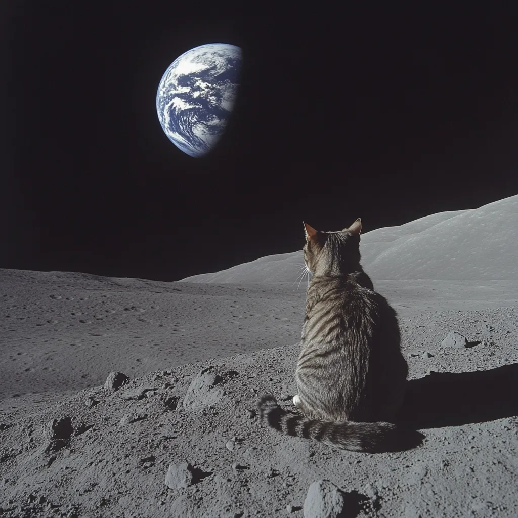 A tabby cat sits on the lunar surface, its back to the camera, gazing at a large Earth hanging in the inky black space above.  The desolate, grey landscape of the moon stretches out before it, punctuated by craters and rocks.  The Earth is partially visible, showcasing swirling clouds and landmasses. The scene is surreal and evokes a sense of vastness and solitude.