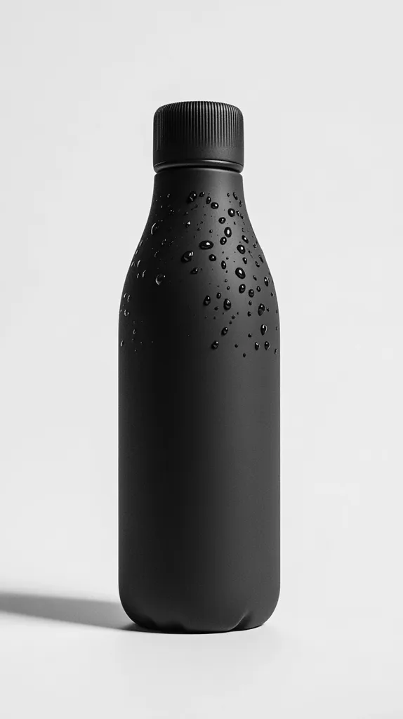 A matte black bottle with a screw-on cap sits on a white background.  Water droplets cling to its surface, suggesting it's recently been chilled. The bottle is cylindrical with a slightly curved bottom, and its simple design is sleek and modern.  The image is well-lit, with a soft shadow cast beneath the bottle.