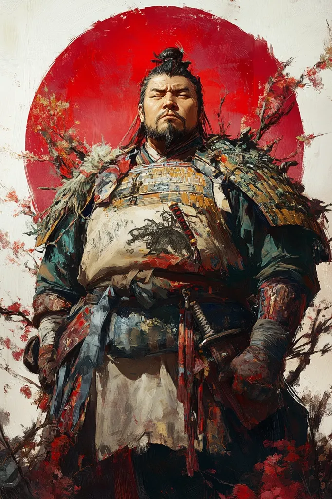 A dramatic portrait of a samurai, his weathered face stern, is set against a large red sun.  He's clad in intricately detailed armor, a mix of earthy tones and rich blues.  His attire suggests a seasoned warrior, with a katana visible at his side.  The background features blossoming branches, adding a touch of delicate beauty that contrasts sharply with the samurai's resolute expression. The overall style is painterly, with visible brushstrokes adding texture and depth.