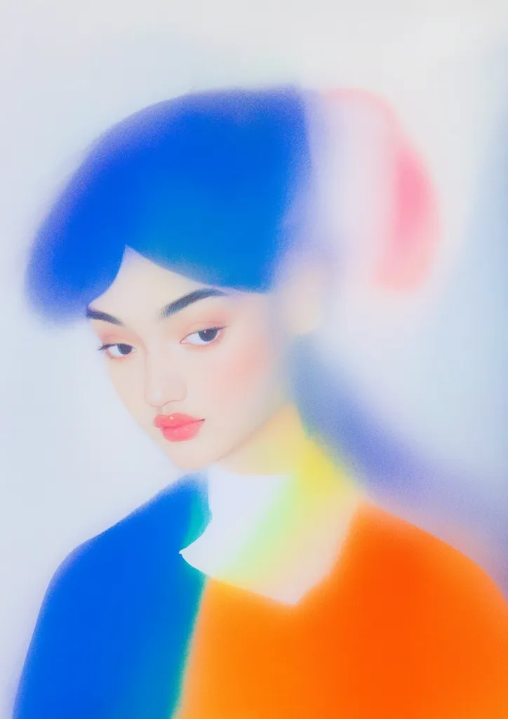 A dreamy portrait of a young woman with vibrant blue hair, partially obscured by a soft, colorful haze.  Her expression is serene, almost pensive. The colors are bright and saturated, with hues of blue, orange, pink, and yellow blending seamlessly. The overall effect is one of ethereal beauty and gentle mystery. The style is reminiscent of soft, impressionistic painting.