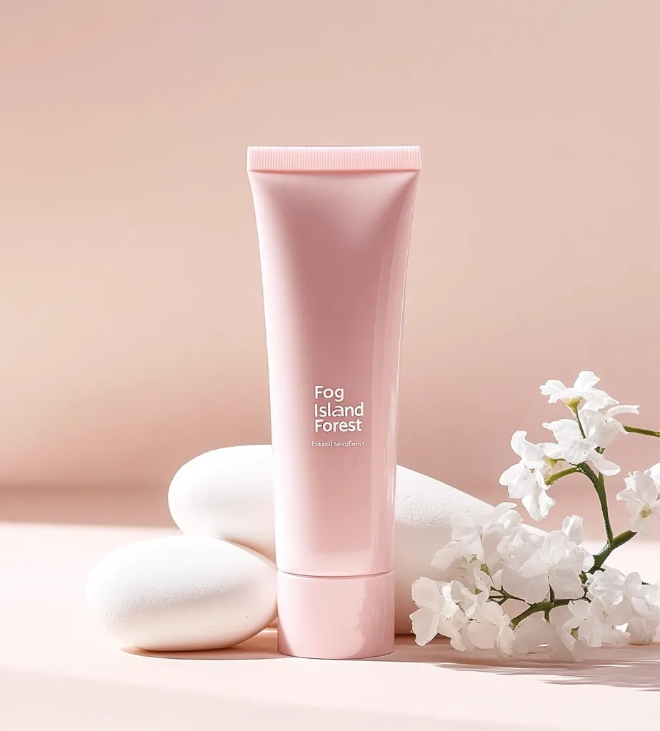 A pale pink tube of Fog Island Forest face cream sits on a blush-toned surface.  Two smooth white stones flank the tube, and a sprig of delicate white flowers rests nearby. The minimalist aesthetic emphasizes the product's clean and simple design.  The soft lighting enhances the gentle, calming mood.