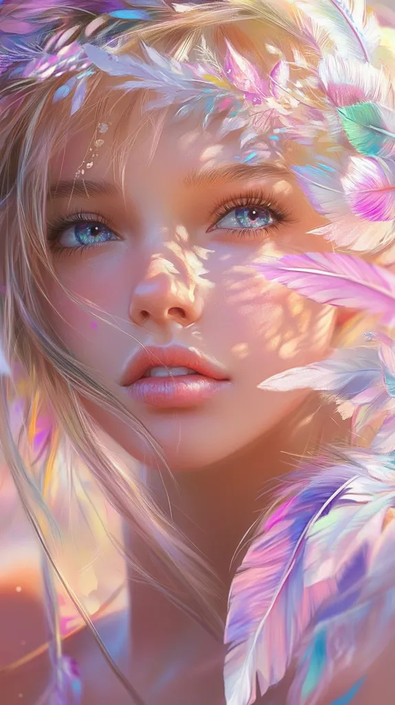 A digital painting of a young woman with blonde hair adorned with iridescent feathers.  Soft, pastel colors dominate the image, creating a dreamy, ethereal atmosphere. Sunlight filters through the feathers, casting delicate shadows on her face. Her light blue eyes and gentle expression contribute to the overall sense of peace and tranquility. The artwork is highly detailed, with a focus on realistic skin texture and soft lighting.