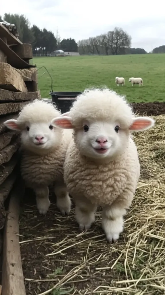 Two fluffy lambs stand in a farmyard, their soft white wool contrasting with the brown hay.  They gaze directly at the camera with endearing expressions.  Other sheep graze peacefully in a distant field under a cloudy sky, creating a tranquil pastoral scene. The lambs appear young and well-cared for.