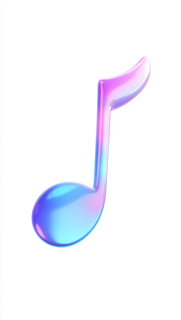 A vibrant, iridescent musical note is depicted against a stark white background.  The note's smooth, glossy surface shimmers with a gradient of pastel purple and blue hues, creating a visually appealing and modern representation of musical notation.  The three-dimensional rendering gives the note a sense of depth and luminosity.
