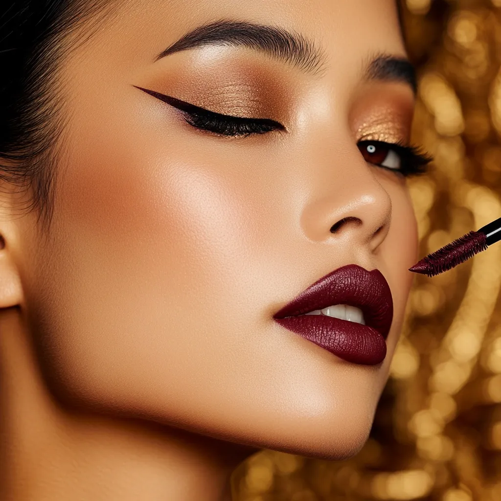 Close-up of a woman's face showcasing glamorous makeup.  She has a sharp winged eyeliner, shimmering gold eyeshadow, and a deep burgundy lipstick being applied.  Her skin is luminous and her complexion is flawless. The background is a blurred gold, adding to the luxurious feel of the image.  The focus is on her eyes and lips, highlighting the makeup's intensity and precision.