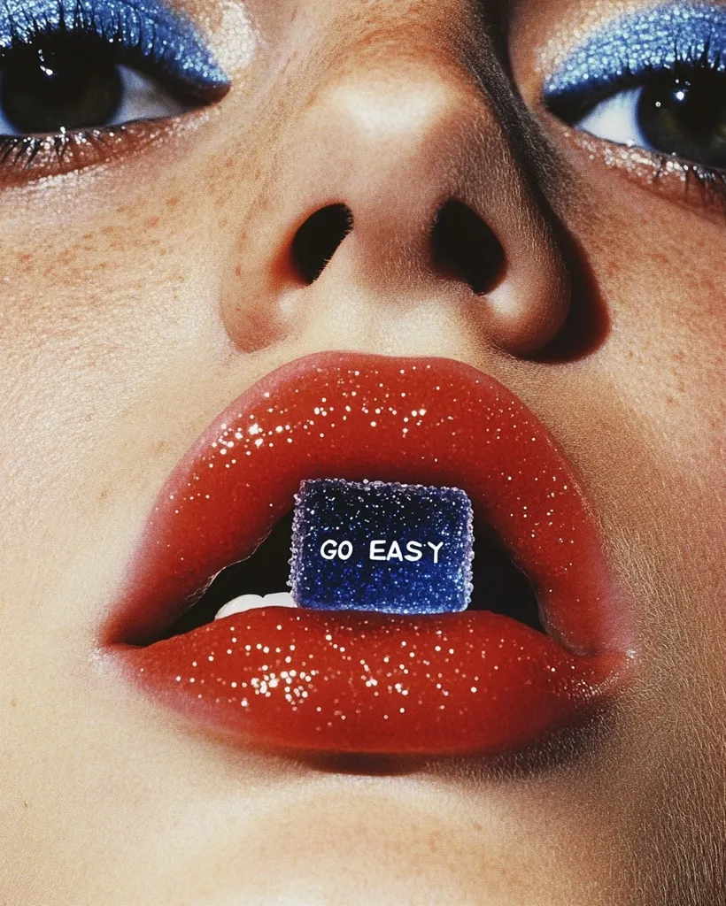 Close-up of a woman's face with bright red, glittery lips.  A small, dark blue square candy with the words "GO EASY" is nestled between her lips.  Her eyes are accentuated with bold blue eyeshadow. The image is vibrant and stylized, with a focus on the contrast between the red lips and the blue candy.
