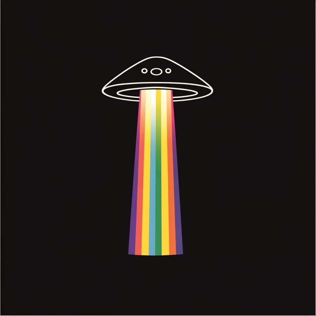 A minimalist illustration depicts a UFO, outlined in white against a black background.  From the spacecraft's underside, a vibrant rainbow beam of light extends downwards, creating a striking contrast.  The simple design and bold color choice create a captivating, otherworldly image.