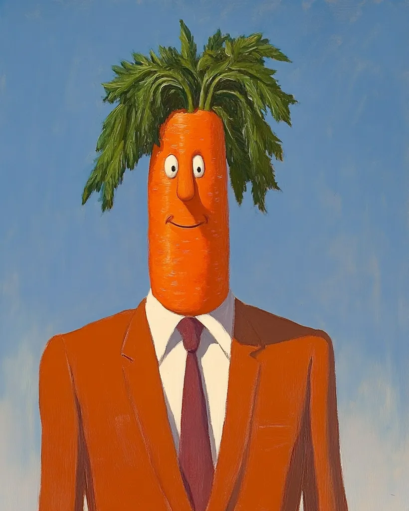 A whimsical painting depicts a carrot as a man in a suit.  The carrot's leafy top serves as his hair, and its orange body forms the head and neck. He wears a burnt orange suit and a maroon tie, his face is simple yet expressive, conveying a sense of gentle amusement. The background is a clear, light blue sky. The overall style is stylized and playful.