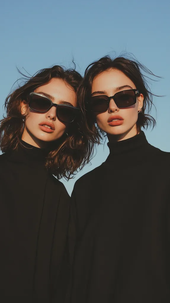 Two women with dark brown, shoulder-length hair wear identical black turtlenecks and square black sunglasses.  They stand close together against a clear blue sky, their similar appearances and attire creating a striking, symmetrical image.  The sunlit scene evokes a sense of cool sophistication and effortless style.