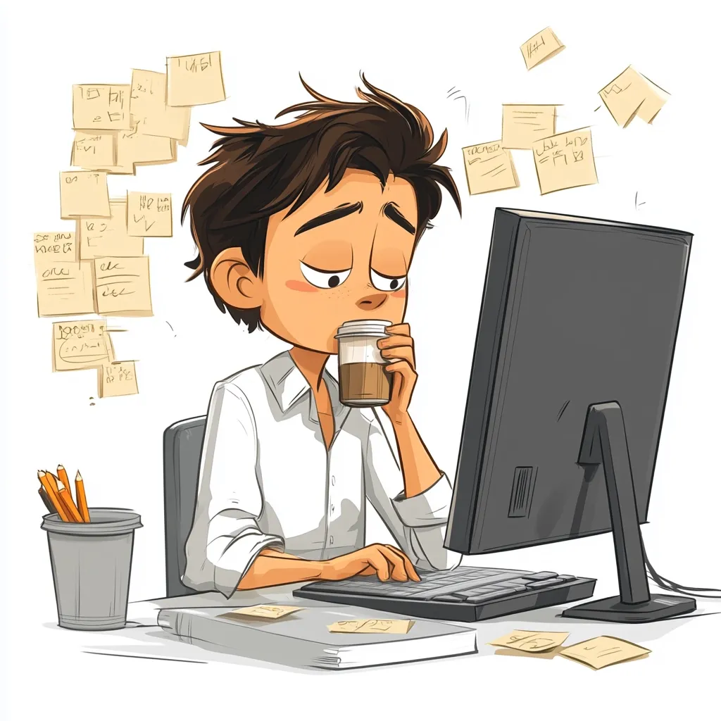 A tired-looking young man sits at his computer, surrounded by numerous sticky notes.  He holds a disposable coffee cup, appearing overwhelmed by his workload.  The illustration depicts the stresses of a busy workday, with scattered papers and a cluttered desk adding to the feeling of being overworked.  His expression reflects exhaustion and perhaps a caffeine-fueled attempt to push through.
