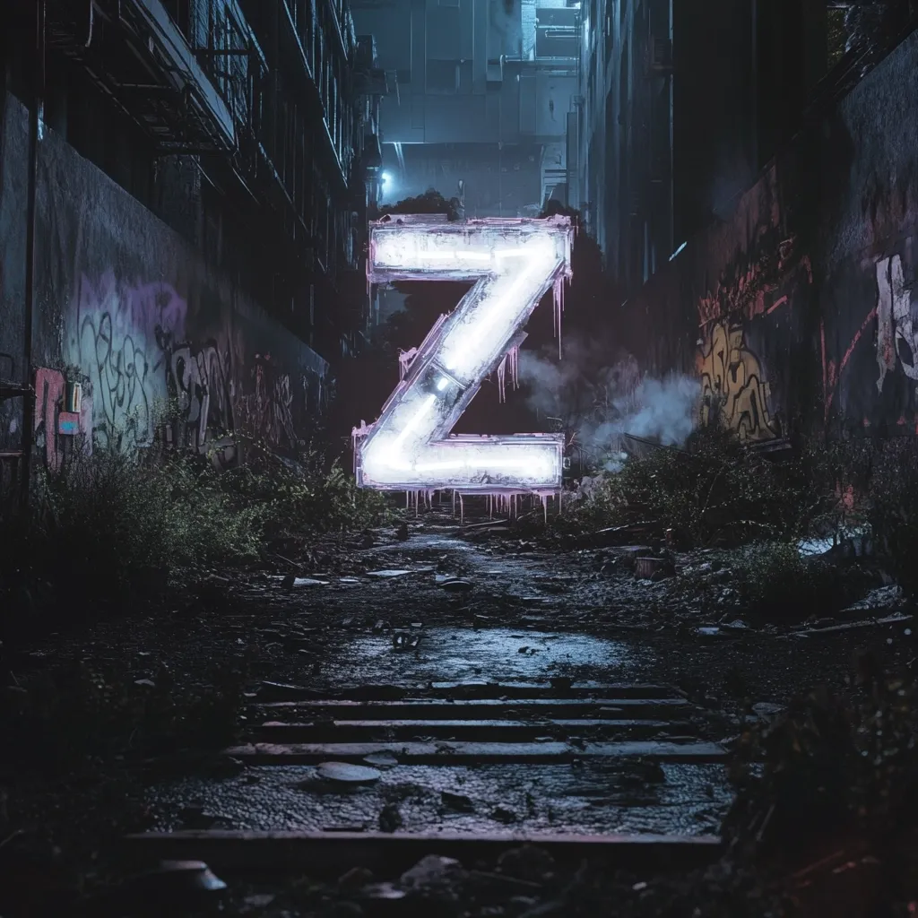 A glowing, icy letter "Z" stands in a desolate, graffiti-covered alleyway.  The alley is dark and appears abandoned, with overgrown vegetation and remnants of a railway track. The neon-like "Z" drips with condensation or ice, creating a stark contrast against the decaying urban environment. The scene evokes a post-apocalyptic or cyberpunk atmosphere.
