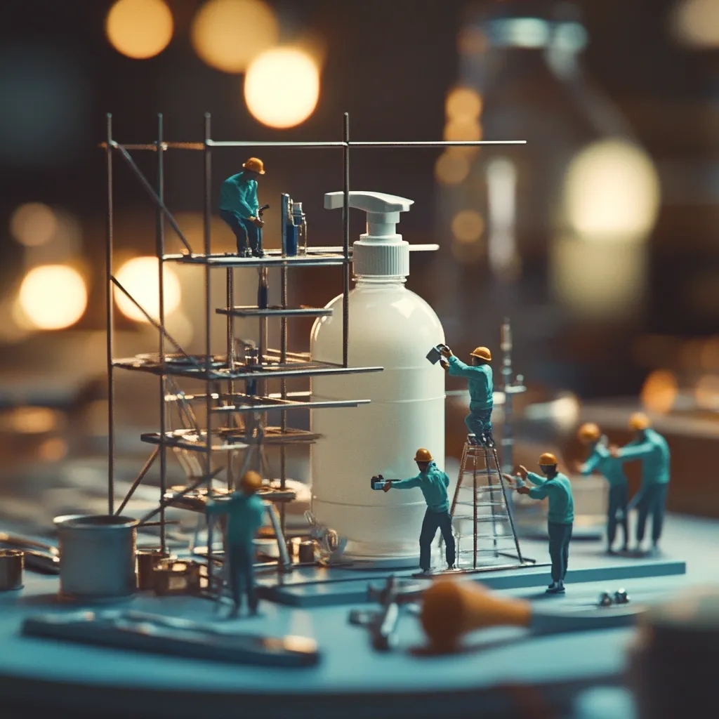 A miniature scene depicts tiny construction workers meticulously building a large bottle of hand soap on a scaffolding.  The workers, wearing hard hats and teal uniforms, are engaged in various tasks, highlighting the meticulous process of production. The background is blurred, suggesting a factory or laboratory setting.  The overall image is a creative representation of the manufacturing process.