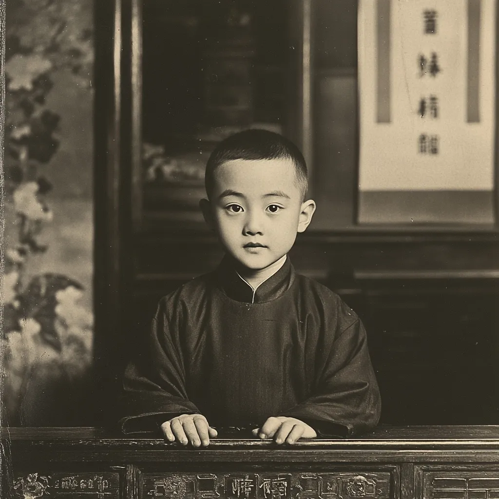 A sepia-toned portrait shows a young boy, possibly of Chinese descent, dressed in traditional clothing.  He sits with his hands resting on an ornate wooden table, his gaze directly at the camera. The background features a blurred, dark interior with a partially visible calligraphy scroll. The image evokes a sense of timelessness and formality.