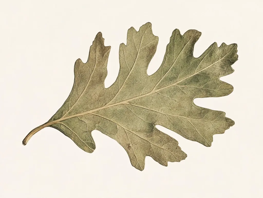 A single, dried leaf is presented against a white background.  The leaf is a muted olive-green, exhibiting a lobed, palmate shape typical of certain oak or maple varieties.  Its veins are clearly visible, suggesting a delicate, yet sturdy structure. The leaf appears brittle and dried, possibly collected in autumn. The image emphasizes the leaf's intricate details and natural form.