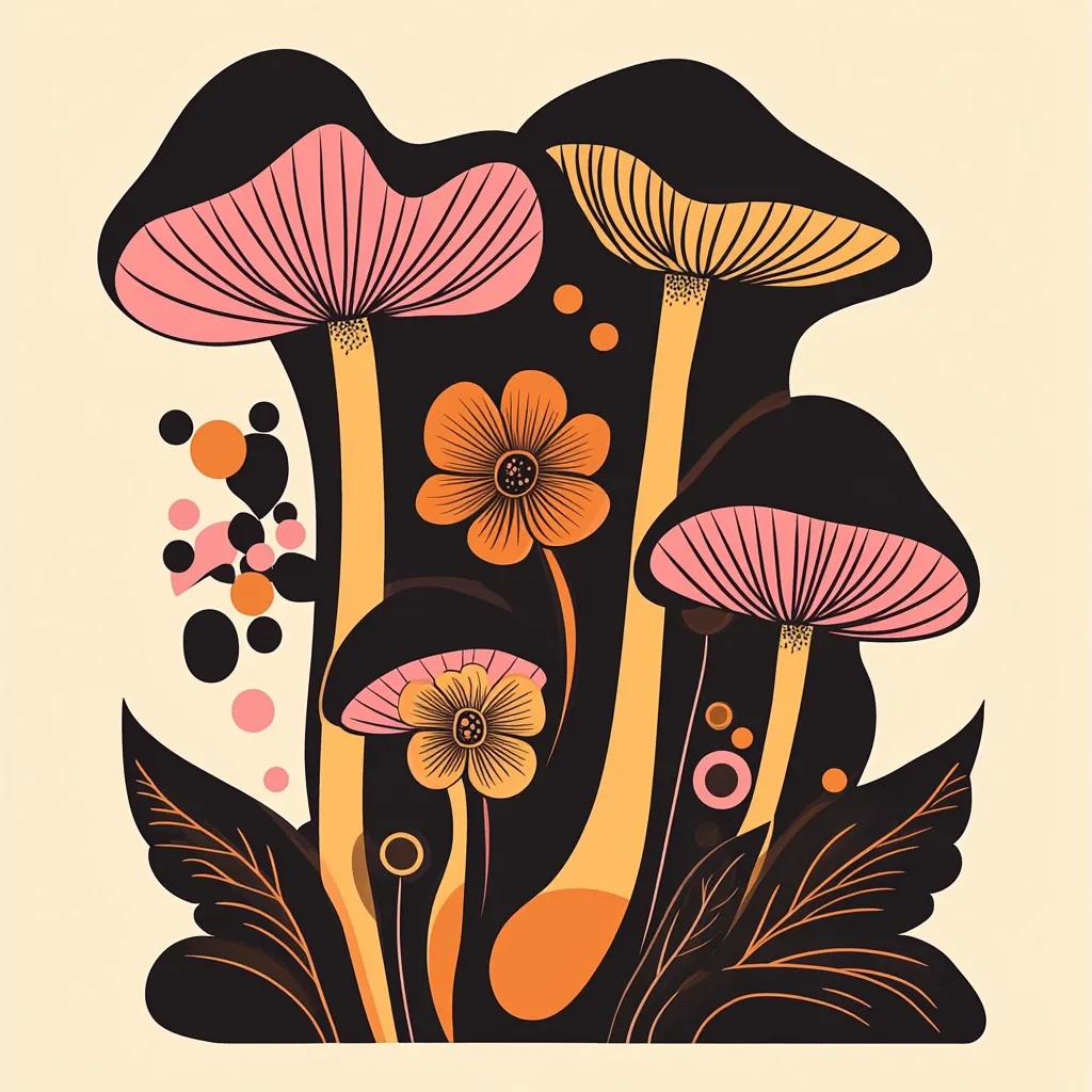 A stylized illustration showcases a cluster of mushrooms and flowers in a retro aesthetic.  The mushrooms have dark caps with pink and orange gills, tall stems in coordinating colors, and are nestled among orange and yellow flowers.  The background features dark shapes and scattered dots, contrasting with a light beige backdrop.  The overall style evokes a vintage, possibly 70s, design sensibility.