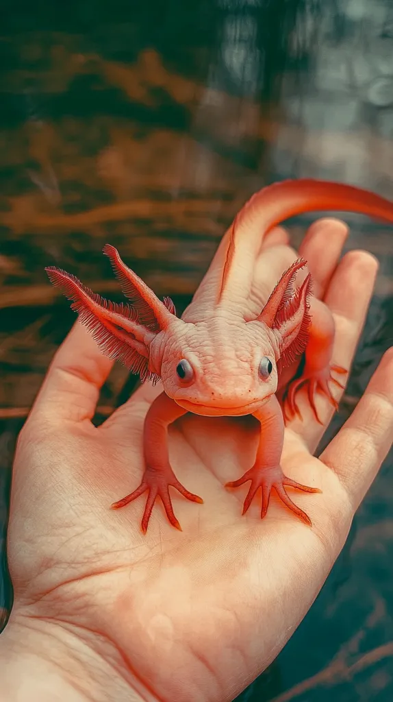 A pale pink axolotl with vibrant red gills rests gently in a person's open palm.  The axolotl's delicate features are clearly visible, its small eyes and feathery gills contrasting with its smooth skin. The background is blurred, focusing attention on the creature in the hand. The overall tone is soft and serene, highlighting the axolotl's unique beauty.