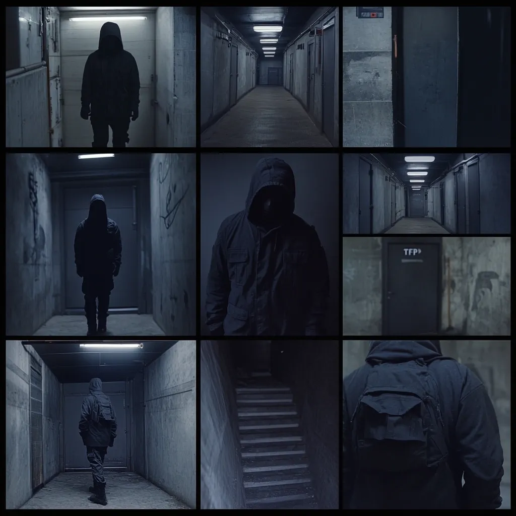 A collage depicts a hooded figure in dark clothing navigating dimly lit, concrete corridors and stairwells. The figure's face is obscured, creating a mysterious and possibly ominous atmosphere.  The settings are stark, industrial, and repetitive, emphasizing the feeling of isolation and confinement.  The overall tone is moody and suspenseful.