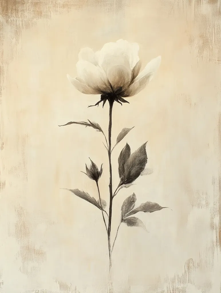 A stylized painting depicts a single, off-white rose on a beige background.  The rose is rendered with soft, muted tones, and the leaves and stem are in shades of dark gray and brown. The style is impressionistic, with visible brushstrokes creating texture.  The overall effect is serene and elegant, evoking a sense of calm and simplicity.  The background has a distressed, aged look.