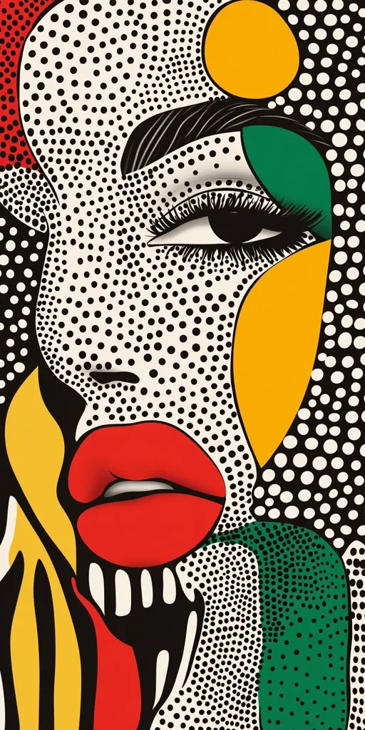 A vibrant, close-up pop art portrait of a woman's face.  Bold colors—red lips, yellow and green accents—contrast with a black and white polka dot background. The style is reminiscent of Roy Lichtenstein, with strong lines and graphic shapes creating a stylized and expressive image.  The woman's eye is emphasized, drawing the viewer in with its intense gaze.