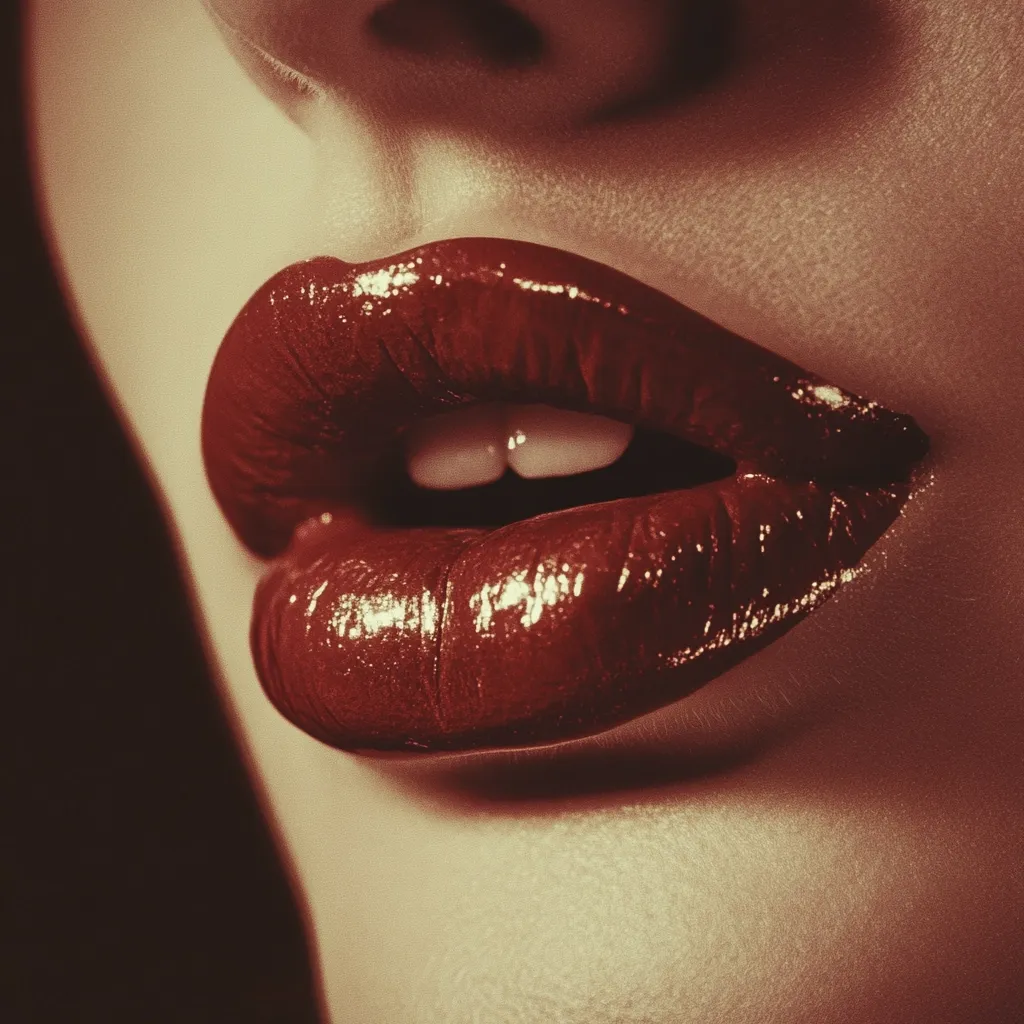 Close-up of a woman's luscious lips, painted a deep, glossy crimson red.  The rich color and high-shine finish create a dramatic and sensual effect.  The slightly parted lips reveal a hint of teeth, adding to the overall allure. The image is styled with warm, dark tones, emphasizing the texture and color of the lips.