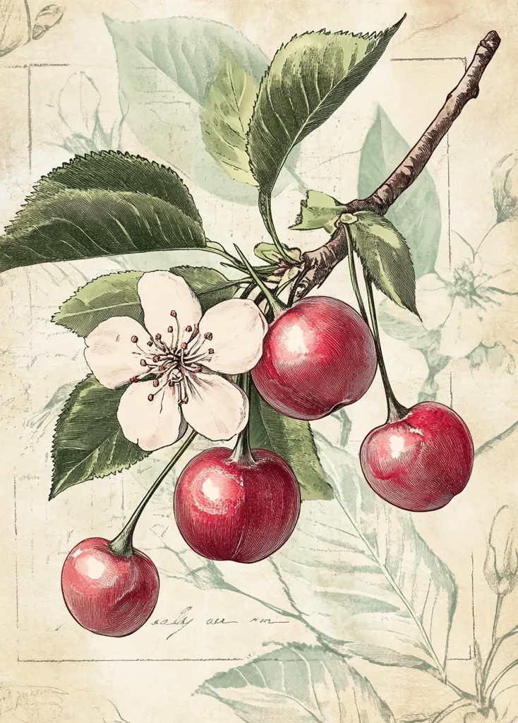 A botanical illustration showcases a cherry branch laden with ripe, red cherries.  Detailed leaves and a delicate, creamy-white cherry blossom are depicted alongside the fruit. The artistic style evokes a vintage or antique aesthetic, with soft color tones and a textured background suggestive of aged paper or parchment. The overall impression is one of natural beauty and delicate detail.