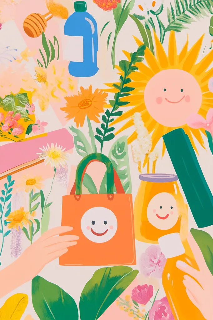 A cheerful illustration featuring a vibrant arrangement of flowers, a reusable shopping bag with a smiley face, honey jars, and bottles. The style is playful and optimistic, with bold colors and whimsical elements.  Hands gently hold the shopping bag, suggesting a feeling of care and positive energy. The overall aesthetic is bright, summery, and evokes a sense of happiness and wellbeing.