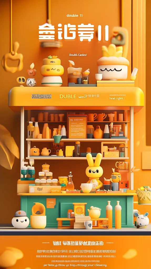 A vibrant 3D rendering showcases a miniature orange food stall brimming with cartoonish food and drink items.  A charming bunny character stands prominently behind the counter, adding to the whimsical scene.  The stall's shelves are stocked with tiny, colorful containers, creating a delightful, playful atmosphere.  The overall design is bright and cheerful, suggesting a promotional image for a product or event.