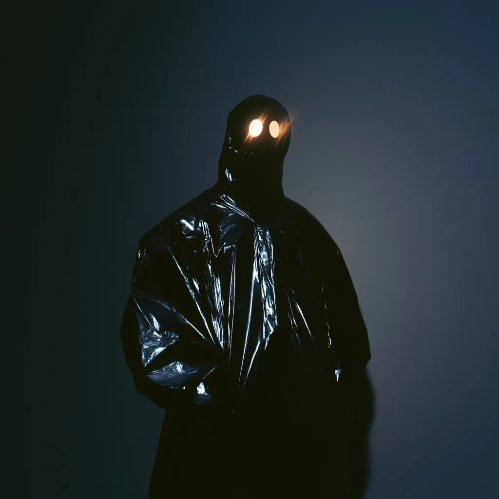 A shadowy figure, cloaked in a black plastic garment, stands against a dark background.  Two glowing circles illuminate the area around its eyes, creating an eerie and mysterious effect. The image evokes a sense of unease and anonymity, hinting at a hidden identity or a feeling of isolation. The figure's form is indistinct, adding to the overall mystery.