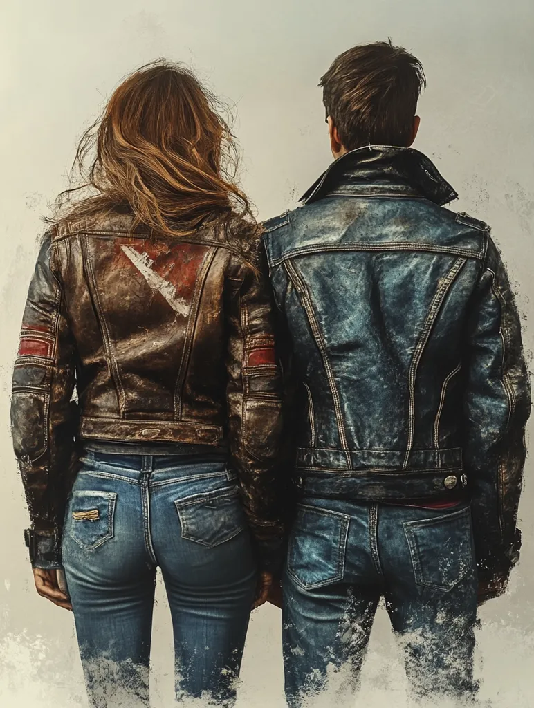 A back view of a young couple, standing close together.  She wears a brown leather jacket with red detailing and blue jeans; he sports a worn blue denim jacket and jeans.  Both jackets show signs of age and wear, suggesting a rugged, possibly rebellious, style.  Their hair is long and styled casually.  The image has a textured, slightly faded effect.